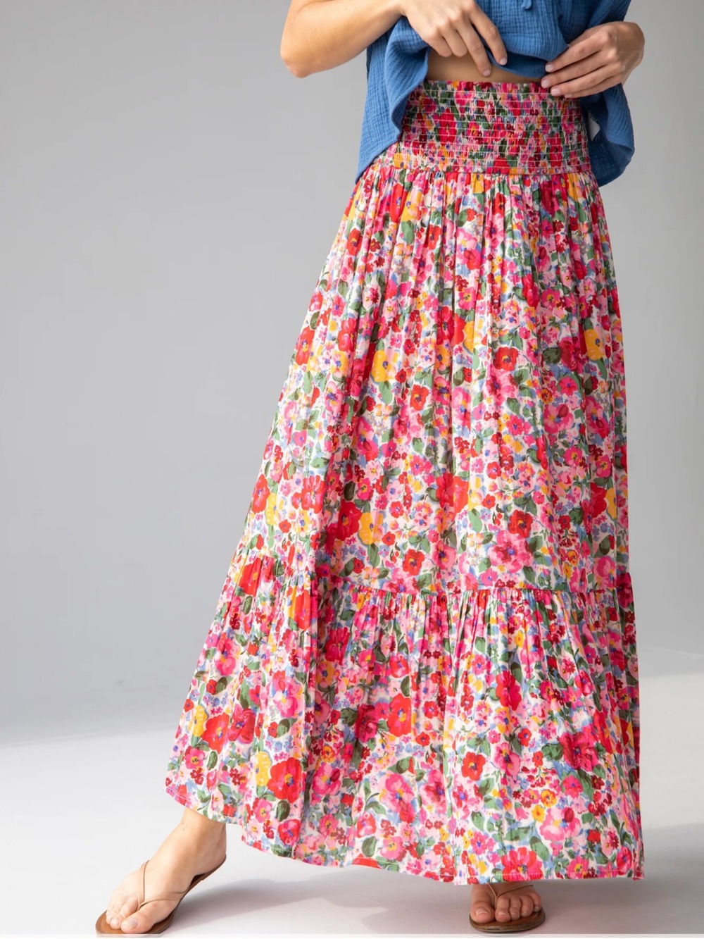 Natural Life Flora Cotton Maxi Skirt Tiered Bright Pink Floral Size XL